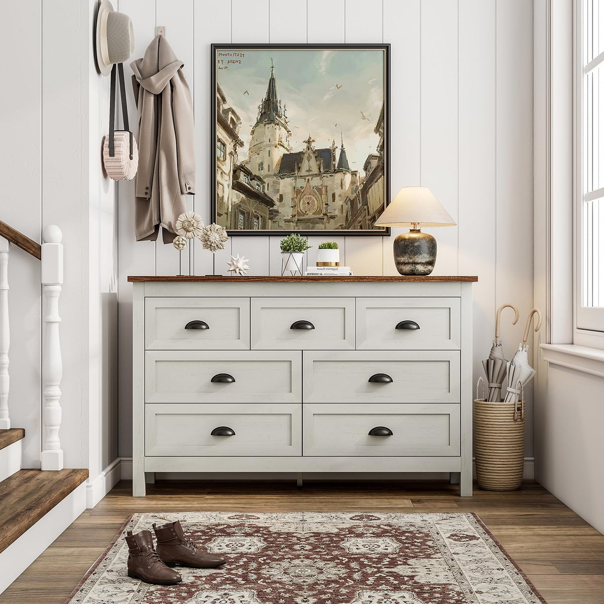 Farmhouse 7 Drawer Dresser for Bedroom, Antique Double Dresser & Chest