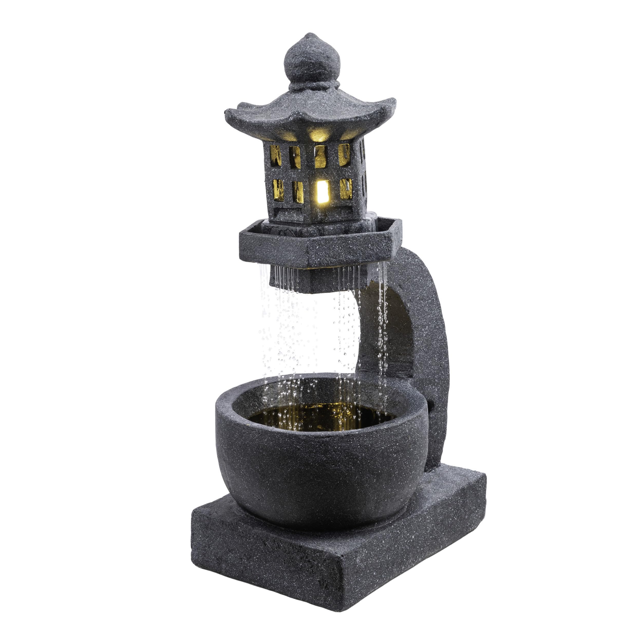 DIG370 31" Outdoor Zen Pagoda Water Fountain with LED Lights & Illuminated Stone Bowl