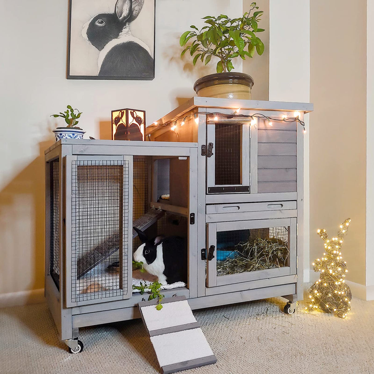 Wooden Bunny Hutch Indoor- Outdoor Rabbit Guinea Pig Cage for Small Animals