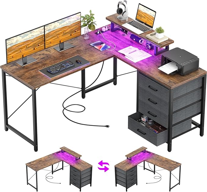 L Shaped Desk with Drawers & Power Outlets, Reversible Computer Desk with LED