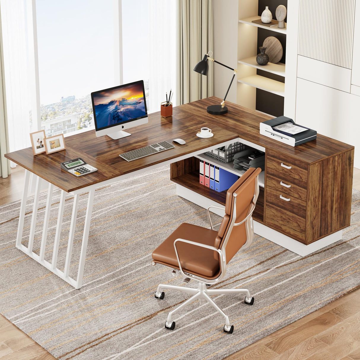 71-Inch Executive Desk, L-Shaped Desk with Cabinet, Large Office Desk with Drawers