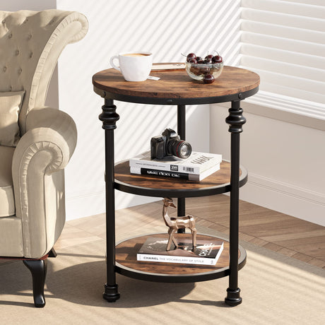 Small Side Table, Round End Table with 3 Shelves for Living Room, Bedroom