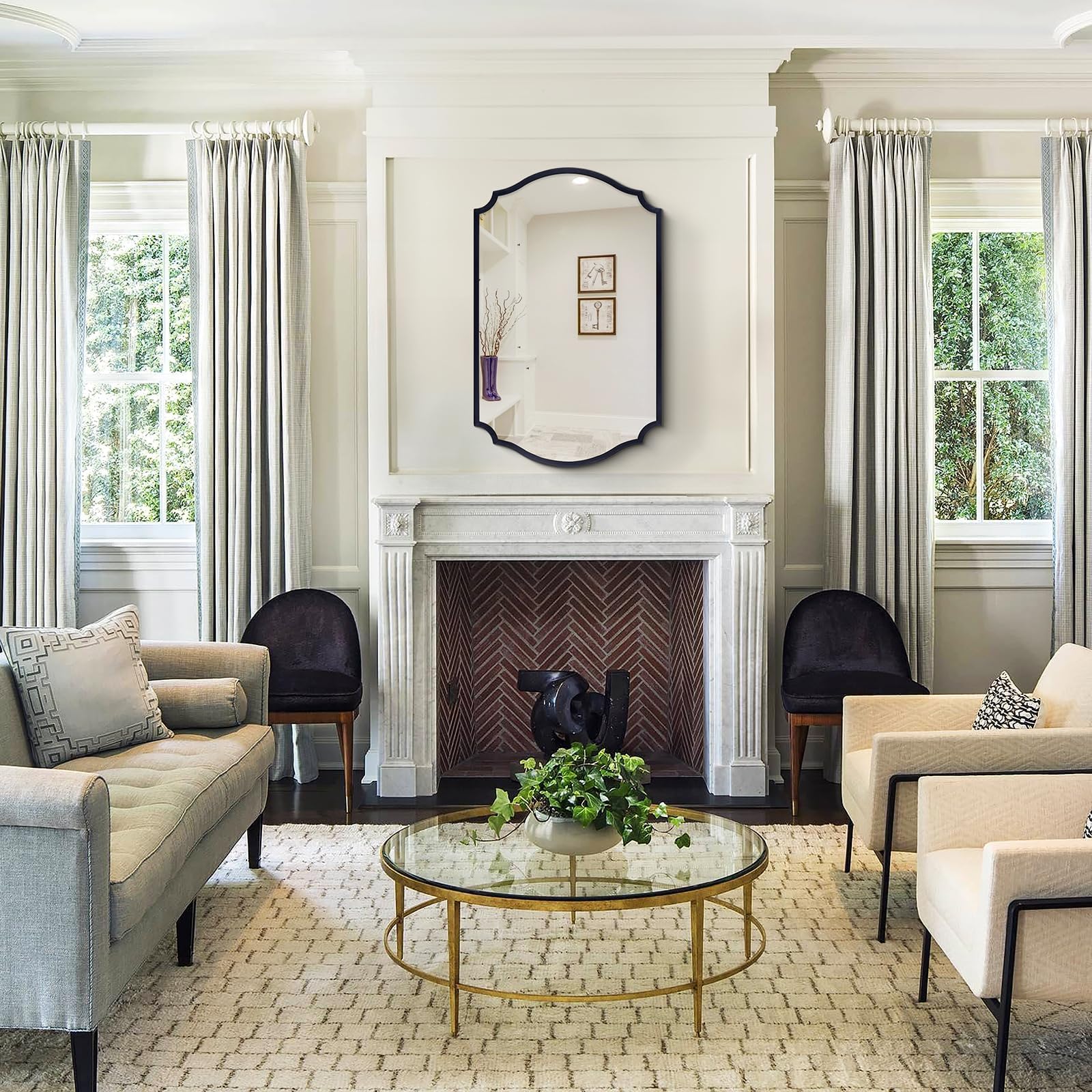 32x20 Black Arched Bathroom Mirror with Scalloped Frame