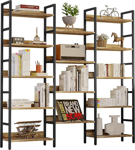 Bookcases and Bookshelves Triple Wide 5 Tiers Industrial Bookshelf with Baffles Large Etagere Bookshelf