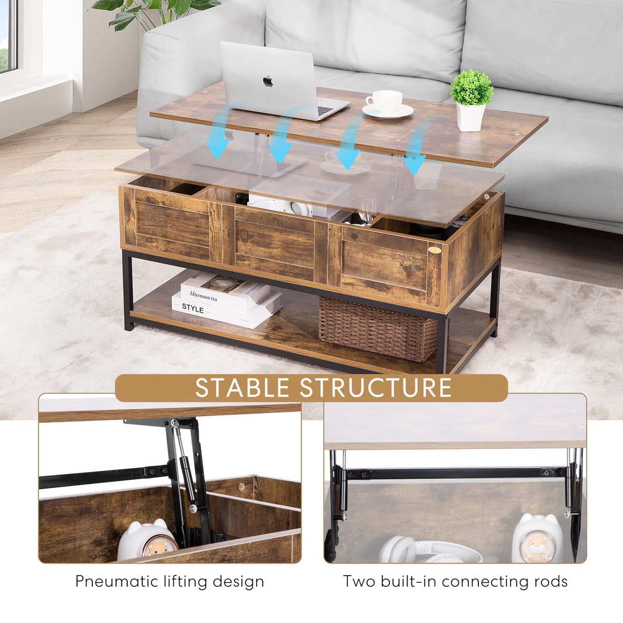 Lift Top Coffee Table with Steel Frame, Dining Table