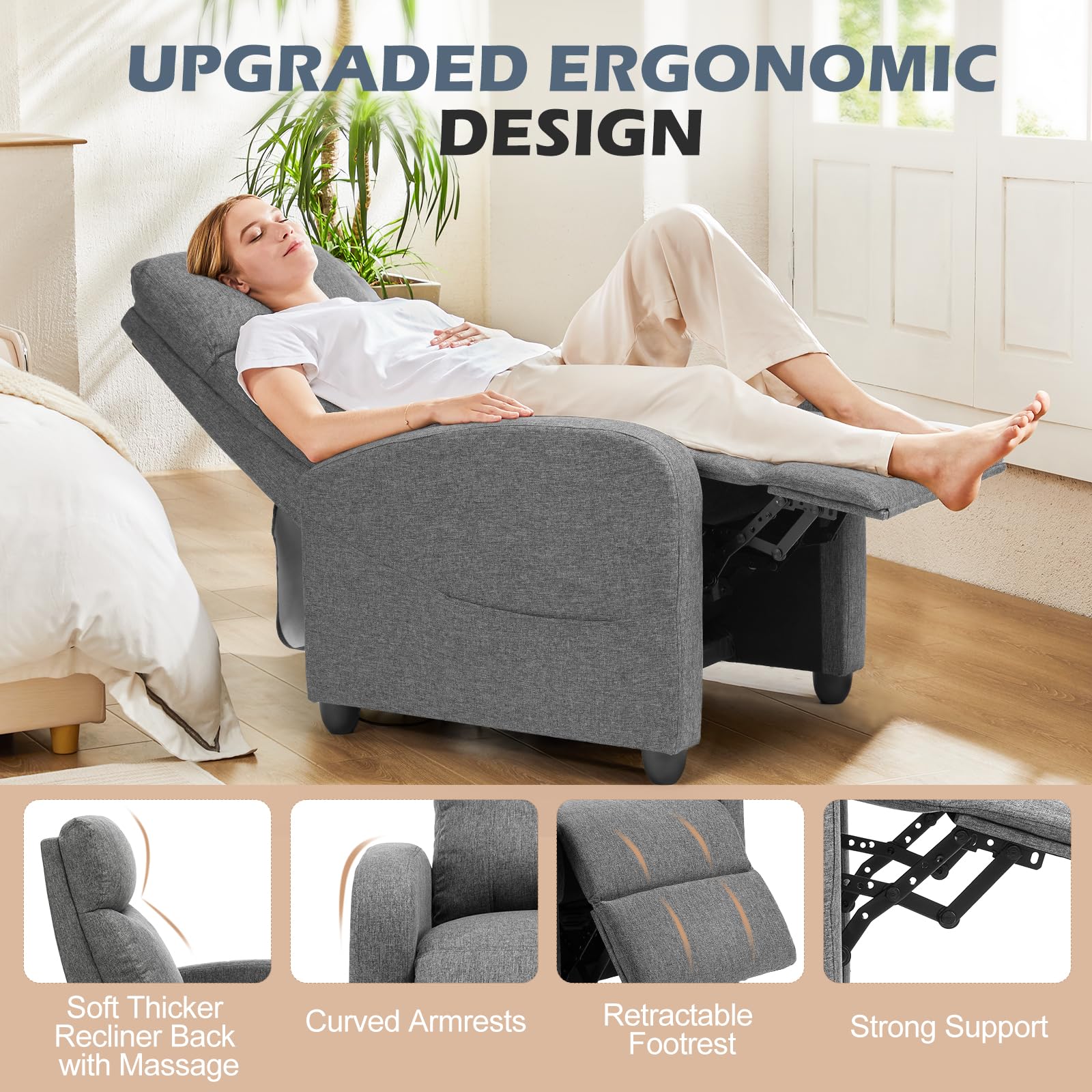 SweetCrispy 8-Mode Massage Fabric Recliner Chair | Small Home Theater Seating