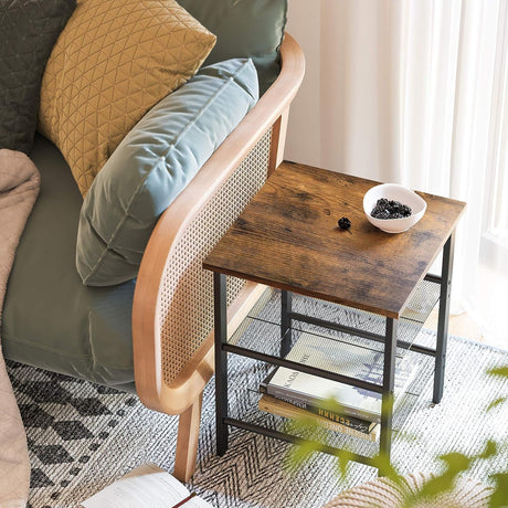 End Table, Nightstand with 2 Adjustable Mesh Shelves, Industrial Side Table