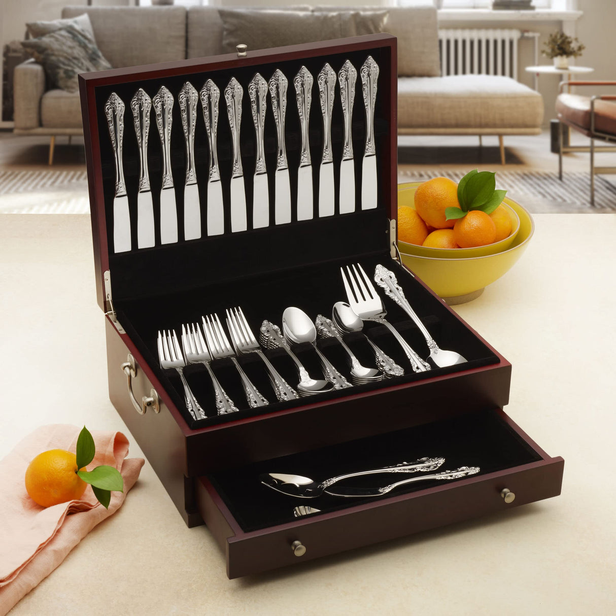 Felt Lined Flatware Storage Chest with Drawer,