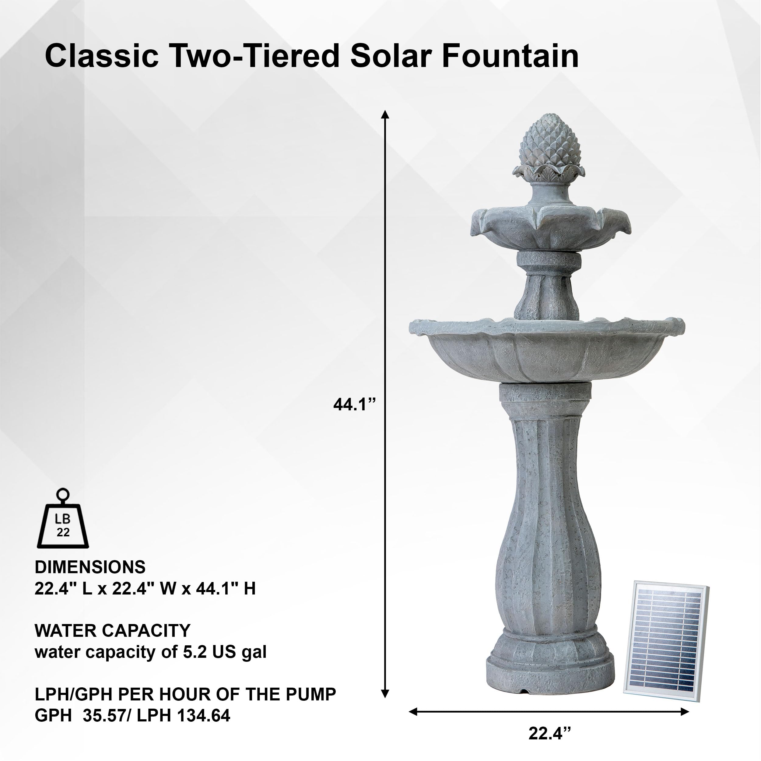 XBrand 44" Tall White Fiberglass/Resin 2-Tiered Solar Water Fountain w/Solar Panel and Auto-Shut Off Pump for Home Garden Yard Decor