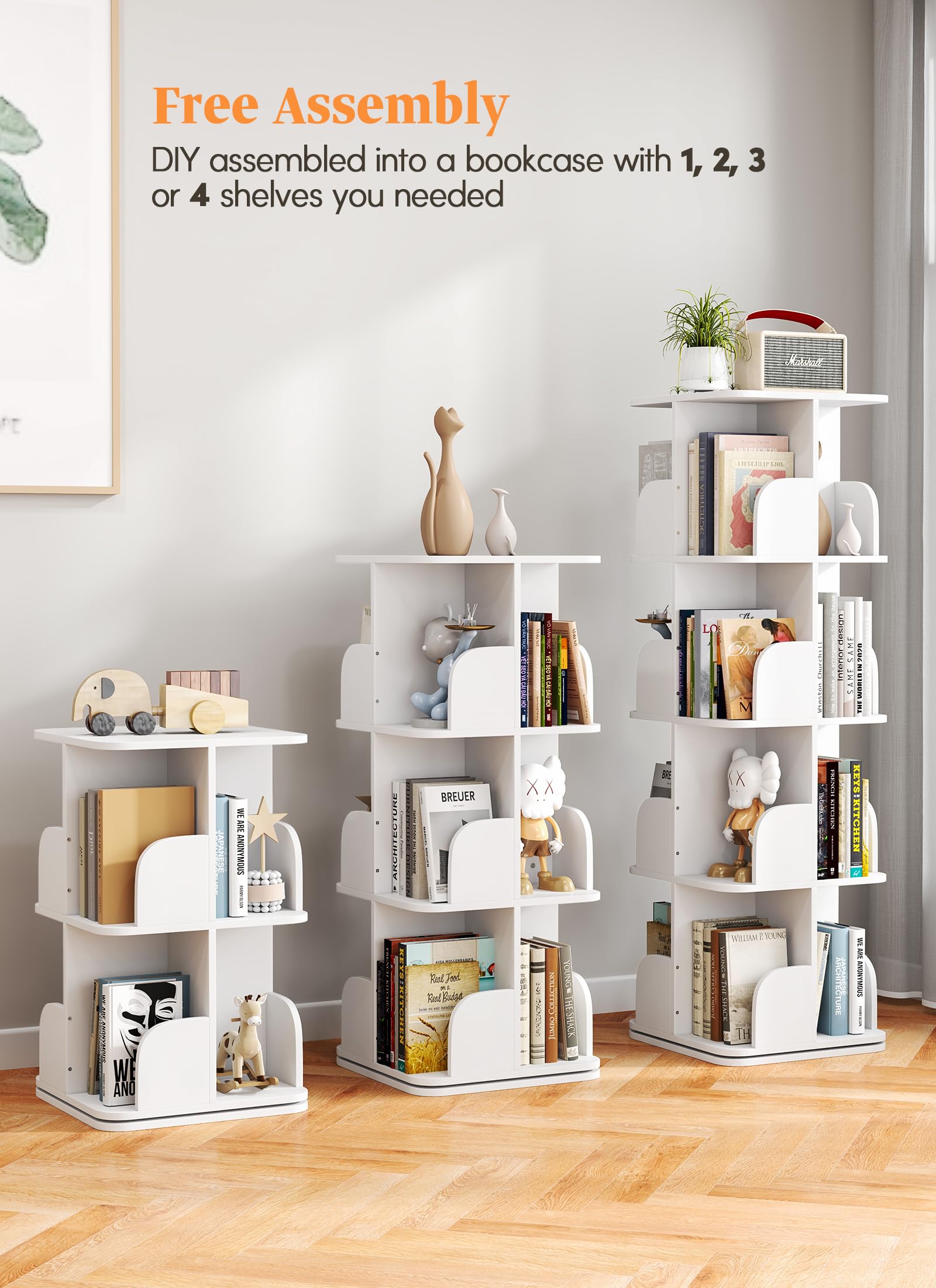 Bookshelf, Small Corner Bookshelf for Small Space, 360 Display 4 Tier Floor Standing