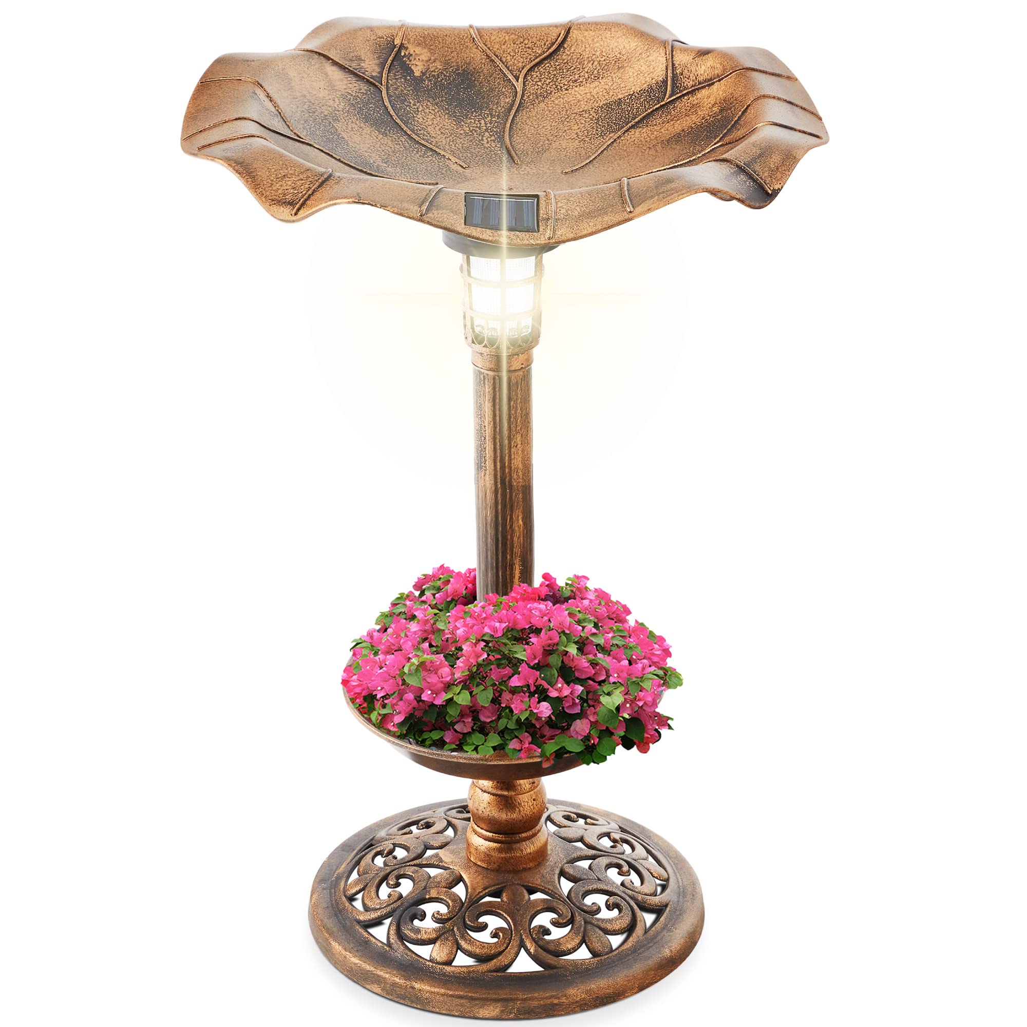 Outdoor Solar Lighted Pedestal Bird Bath Fountain Decoration w/Planter, Integrated Panel