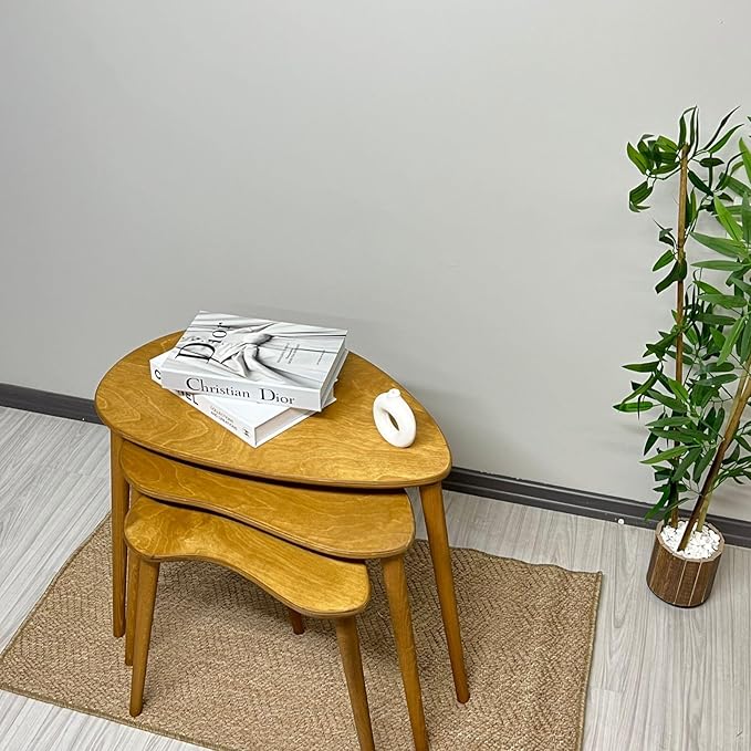 Solid Nesting Table Set of 3, Birch Mid Century Pebble Tables with Wood Tapered Legs