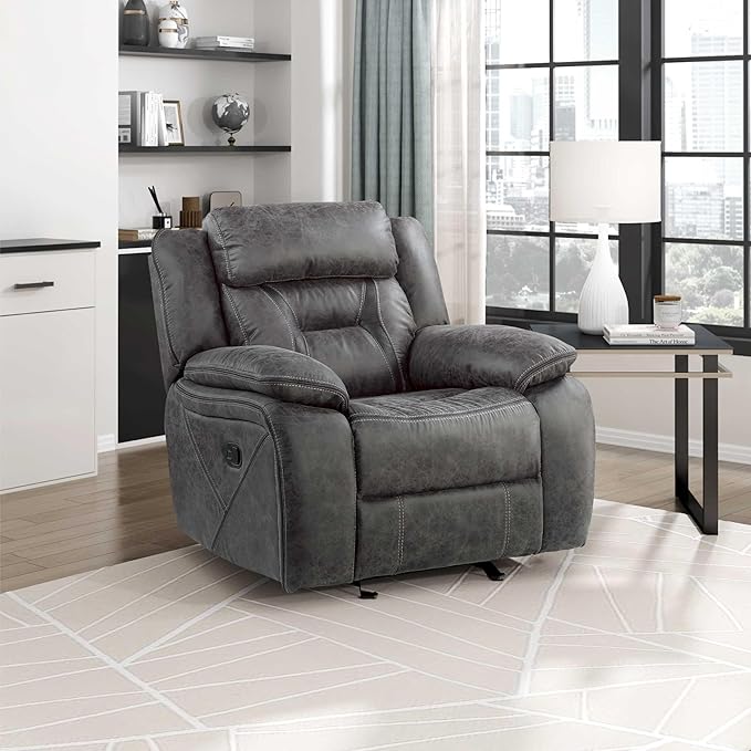 Reclining Couch, Polished Microfiber Manual Double Recliner Sofa, Gray