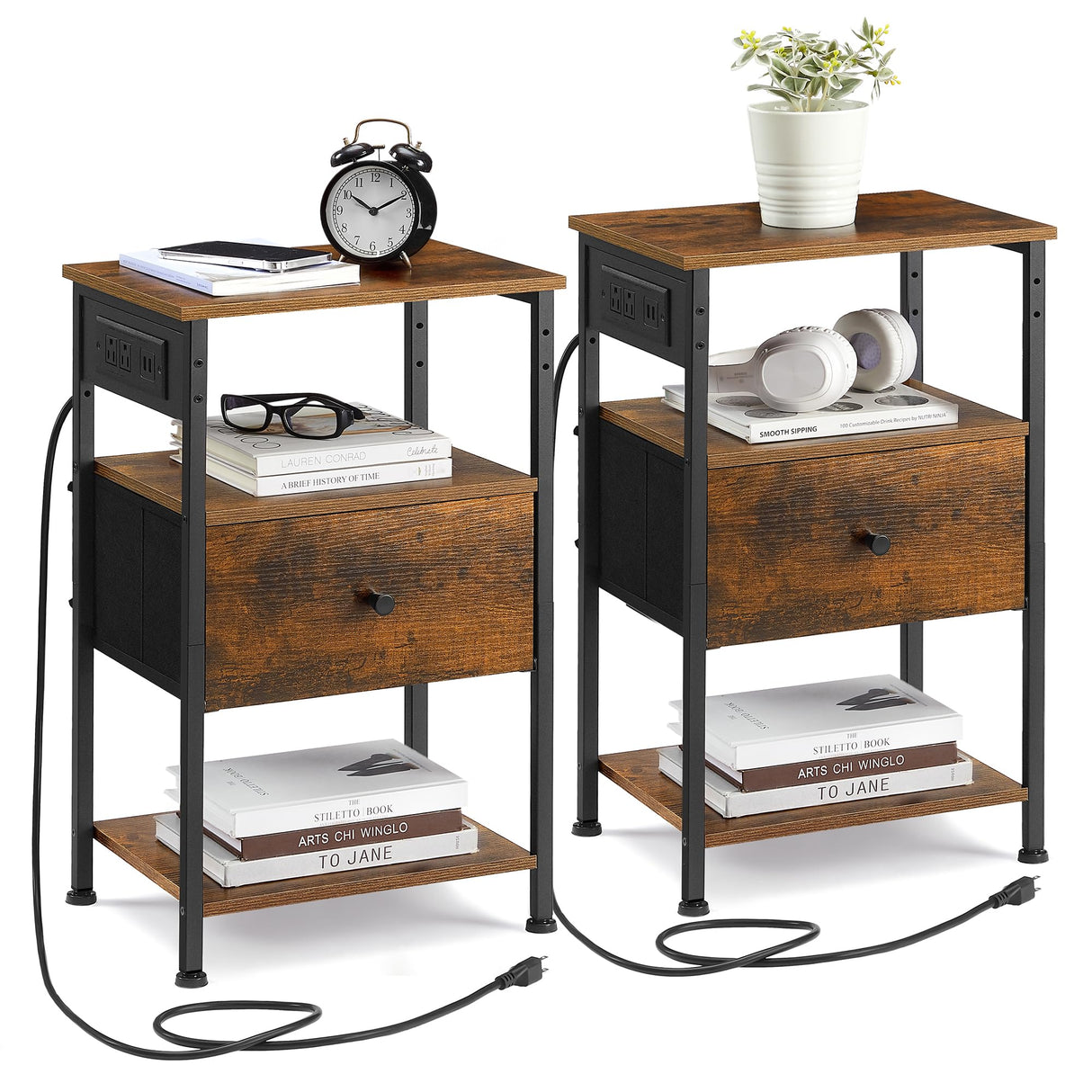 Nightstand with Charging Station, Set of 2 Night Stands, Side Table with 1 Drawer and 2