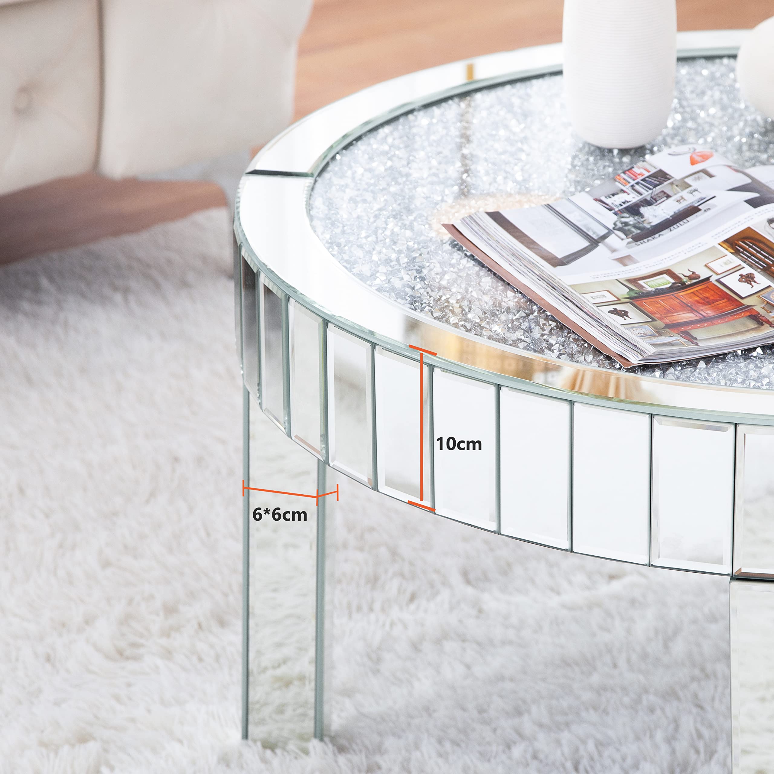 Mirrored Coffee Table with Crystal Inlay, 31.5'' Modern Round Coffee Table with Mirror Surface,