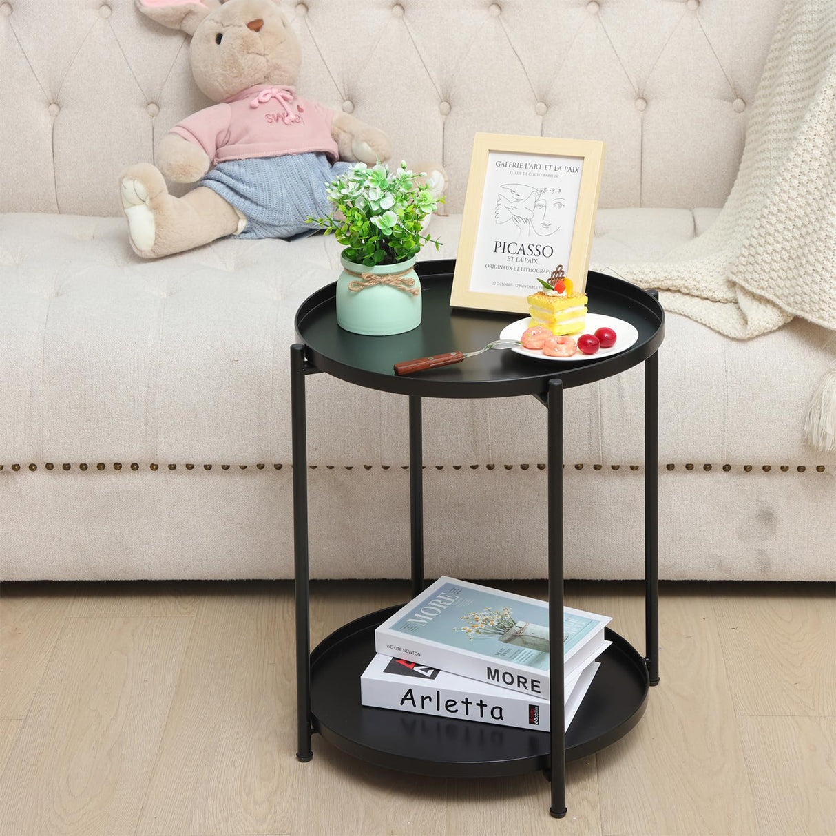 Black Round End Table, Small Metal Side Table with Removable Tray