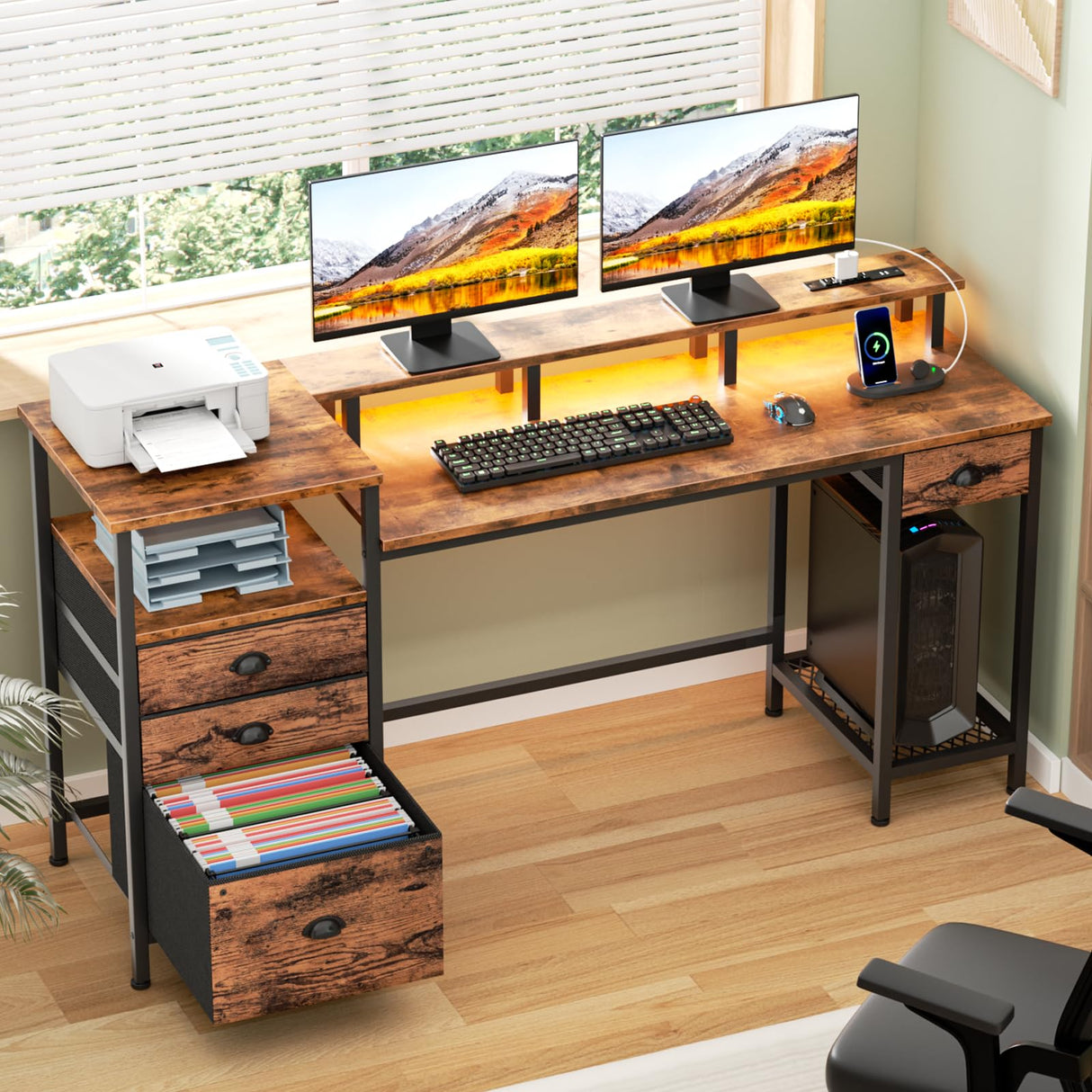 Computer Desk with Drawers, 60" Office Long Desk with Fabric