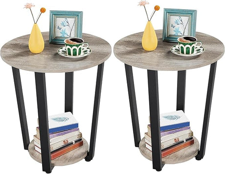 Farmhouse Round End Table with Storage Shelf, 2 Tier Side Table