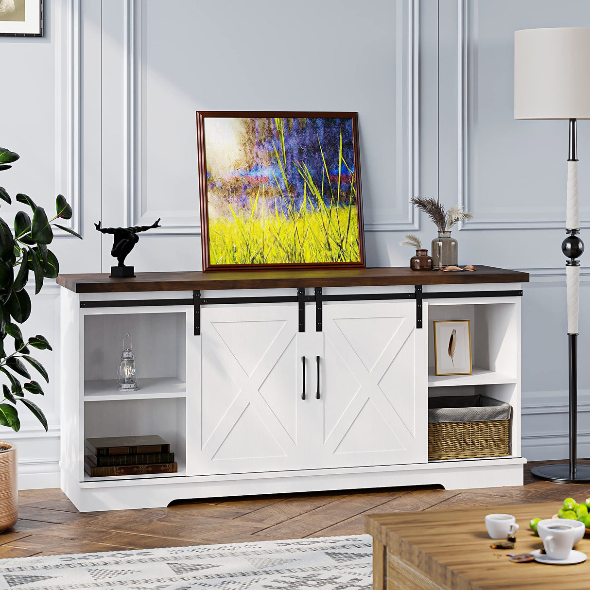 Farmhouse TV Stand for 65 Inch TV, Entertainment Center with Storage and Sliding Barn