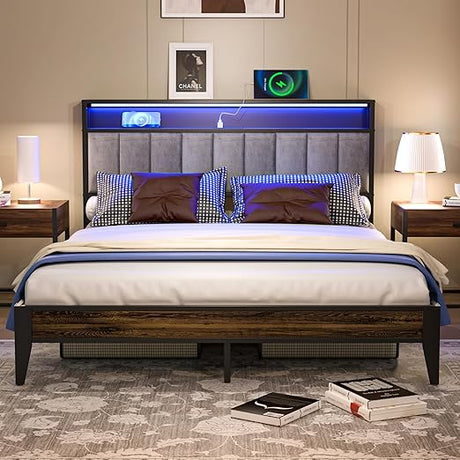 Twin Frame, Metal Platform Twin Size Bed Frame with Storage & LED Light Headboard