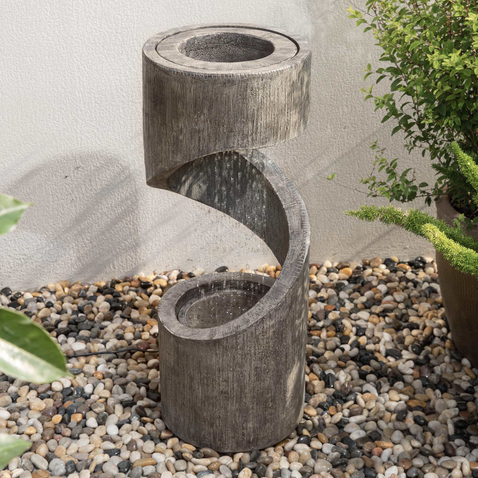Tiered Outdoor Water Fountain with LED Light, Curved Outdoor Fountain Waterfal