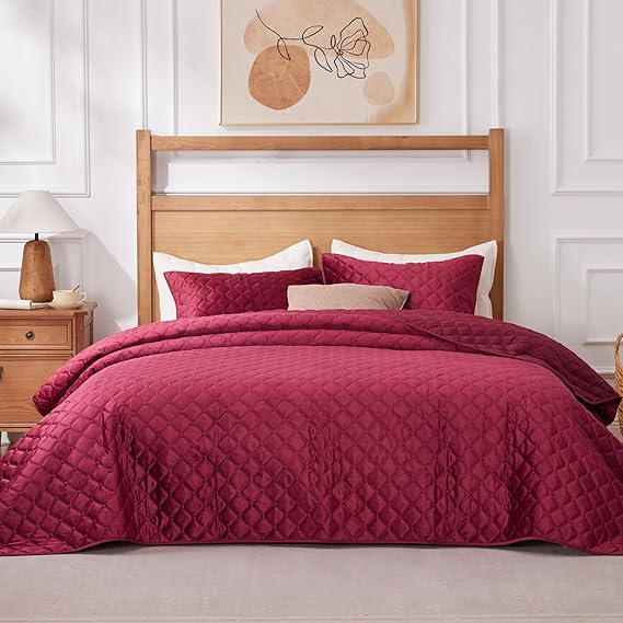 3D Velvet Quilt Set Queen Size - Elegant Coverlet with Pillow Shams