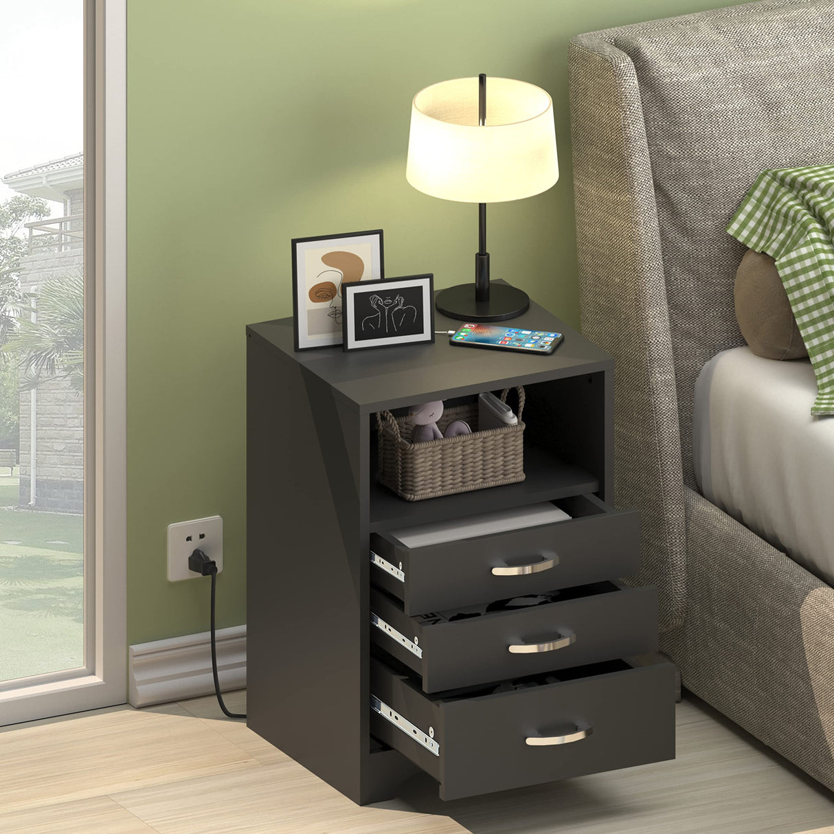 3 Drawers Black Nightstand with Charging Station, Side Table with Open Storage Bedside