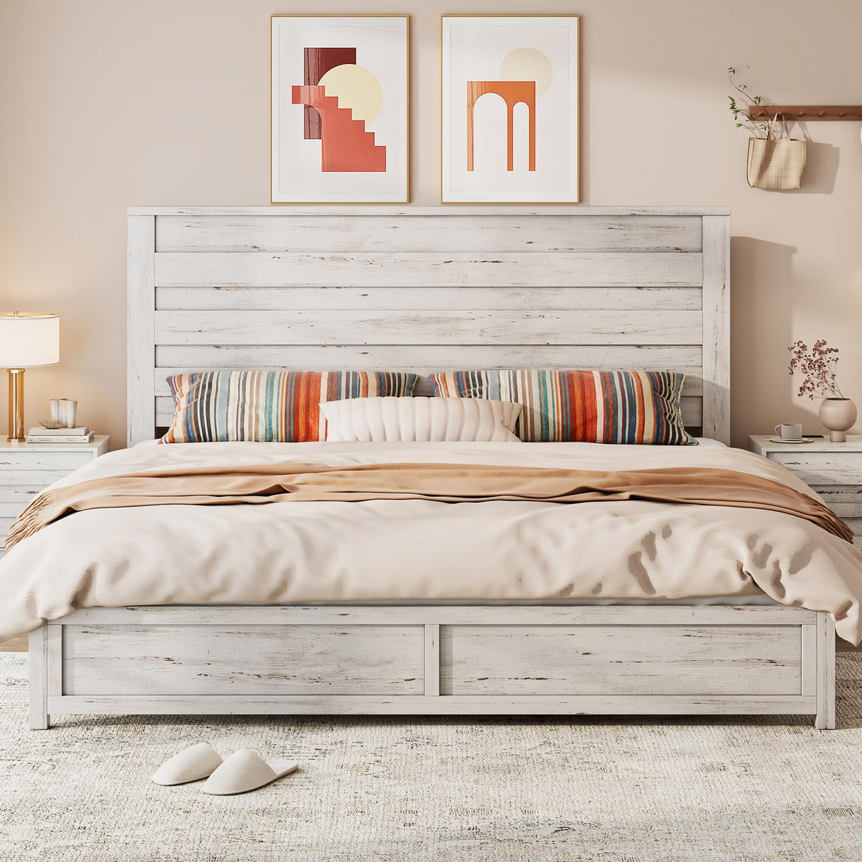 Farmhouse Full Bed Frame with 49" Tall Headboard, Wooden Platform Bed