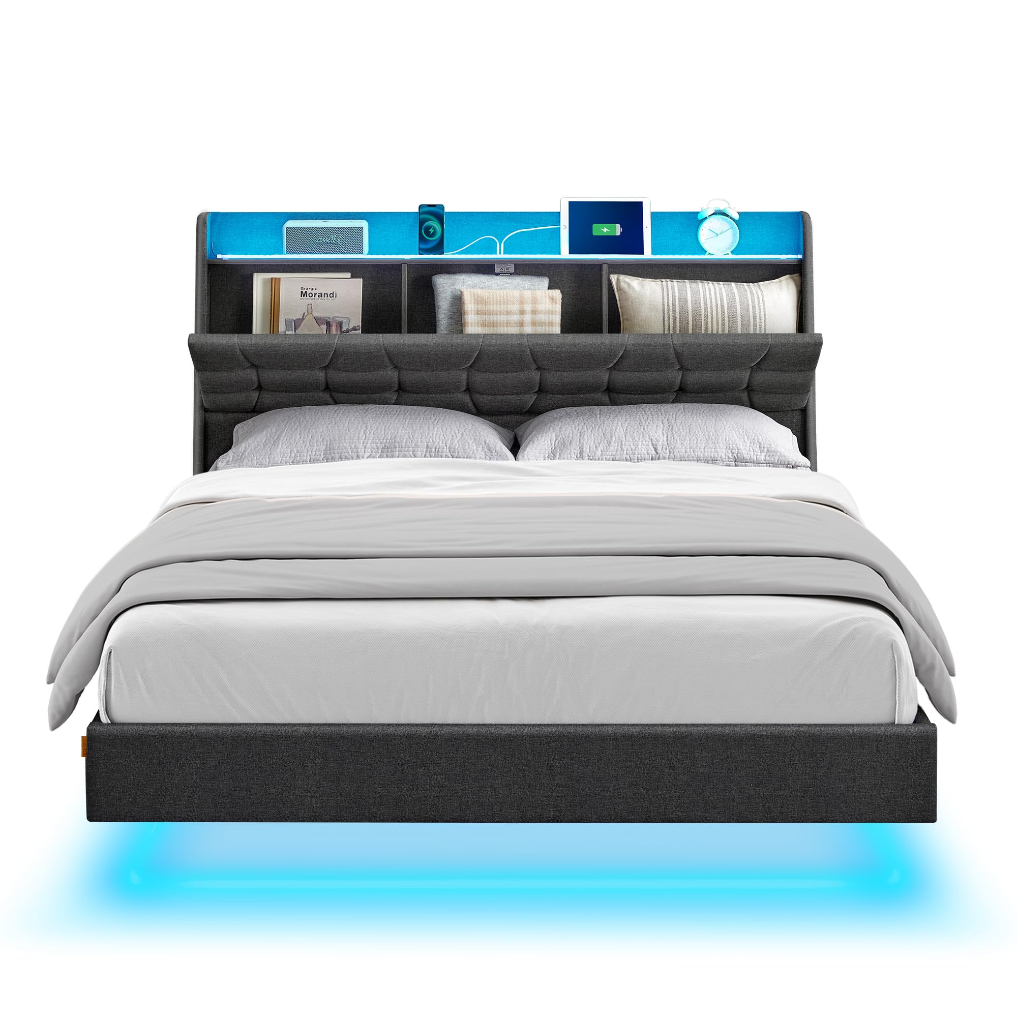 VASAGLE Queen Size Floating Bed Frame with LED Lights, Queen Bed Frame with Charging Station, Tufted Storage Headboard, Upholstered Platform Bed Frame, No Box Spring Needed, Dark Gray URMB851G71