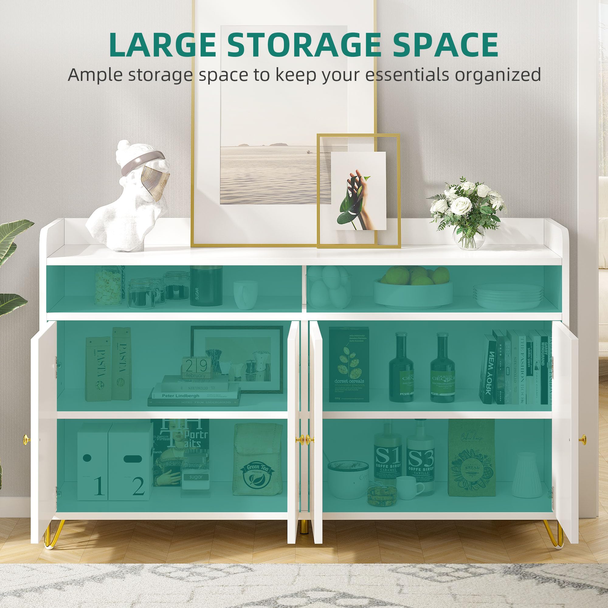 59" Buffet Cabinet w/Storage, Modern Sideboard Storage Cabinet w/Gold Trim, Coffee Bar