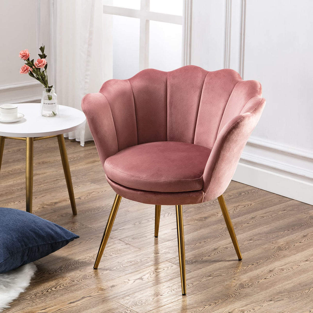 Accent Chair for Bedroom with Gold Plating Metal Legs, Leisure Armchair for Living Room/Cafe/Vanity, Dark Pink