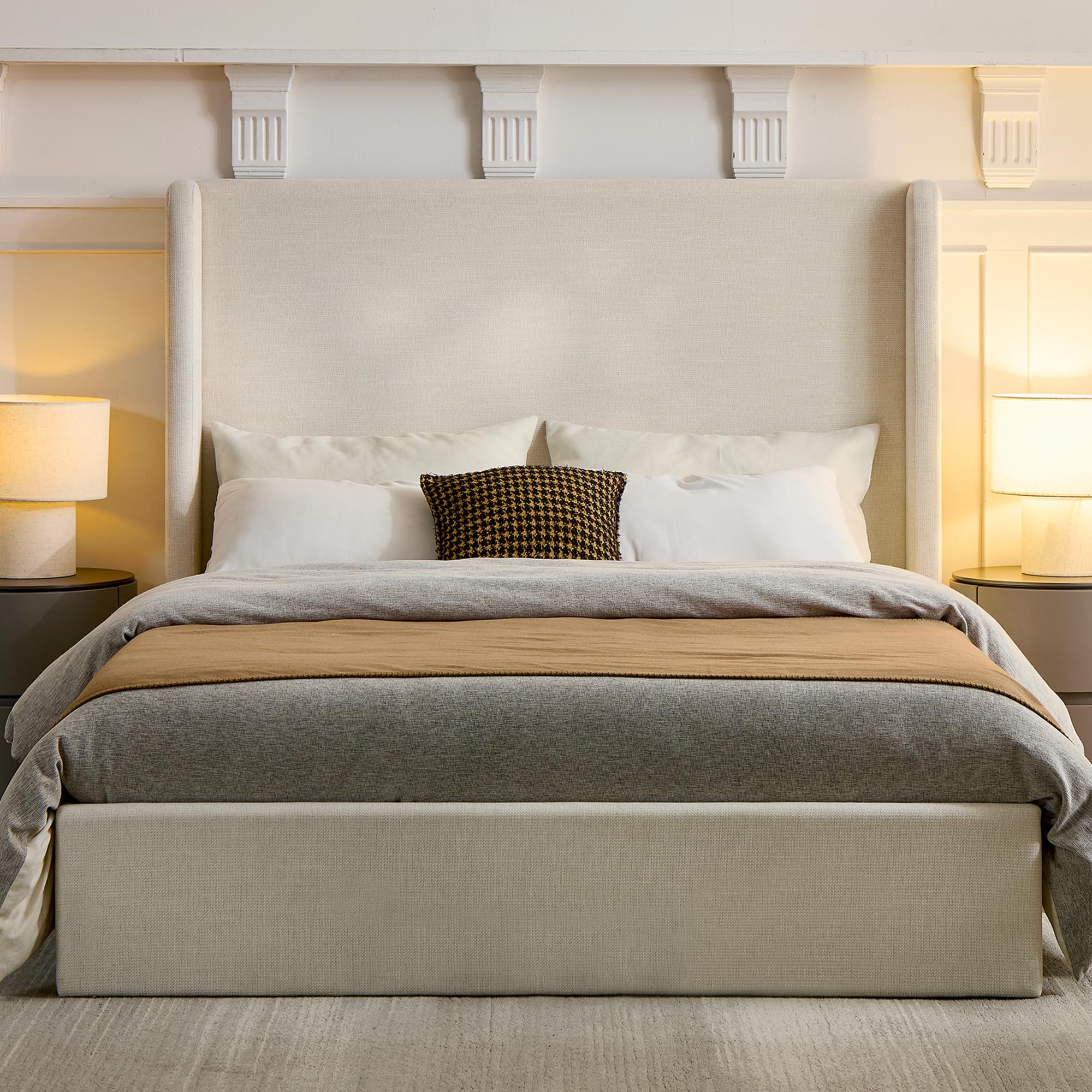 54" Wingback Queen Bed Frame - Upholstered Platform Bed with Tall Headboard