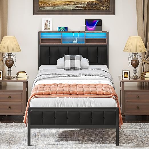 Queen Metal Bed Frame with Wooden Headboard and LED Charging Station