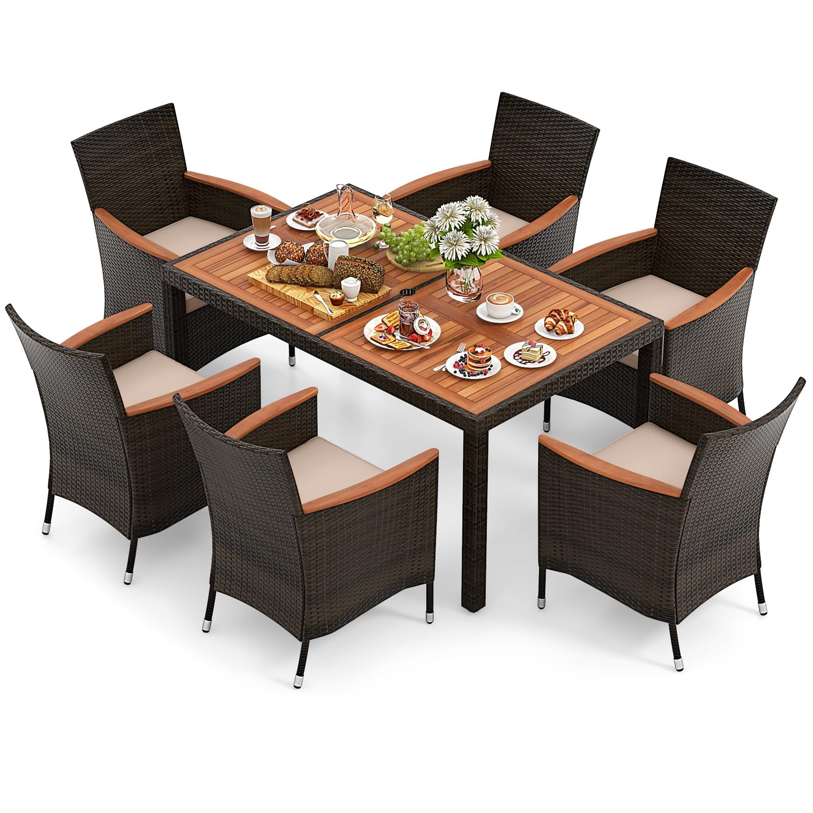 7 Pieces Outdoor Wicker Dining Set, Patio Dining Furniture Set with Acacia Wood Table