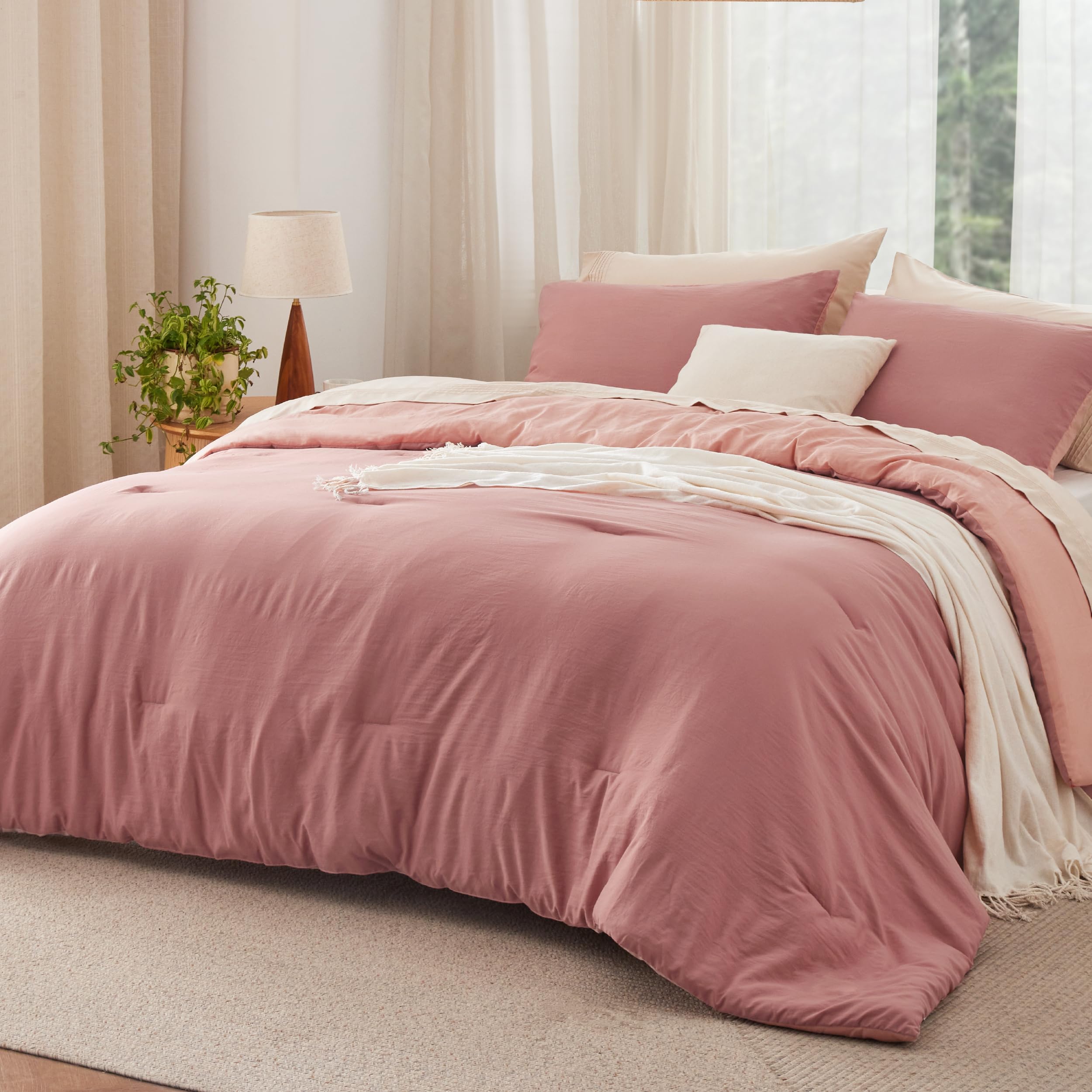 Queen Size Comforter Set - Reversible Pink Clay Soft Prewashed Bedding 3 Pieces