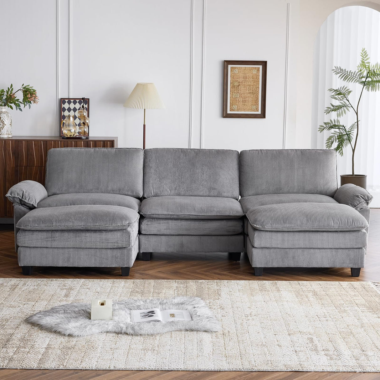 Sectional Sofa Modular Deep Seat Sofa Couch with Ottoman, Corduroy Sofa Sleeper Comfy Upholstered Furniture for Living Room, Apartment, Studio, Office, (3-Seat & 2-Ottoman, Gray)