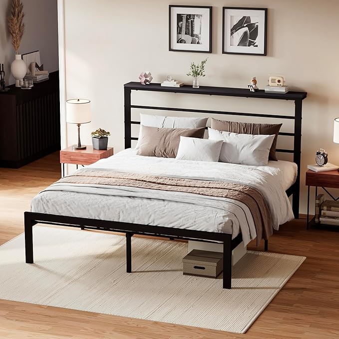 Full Size Bed Frame with Headboard Shelf and Strong Metal Foundation
