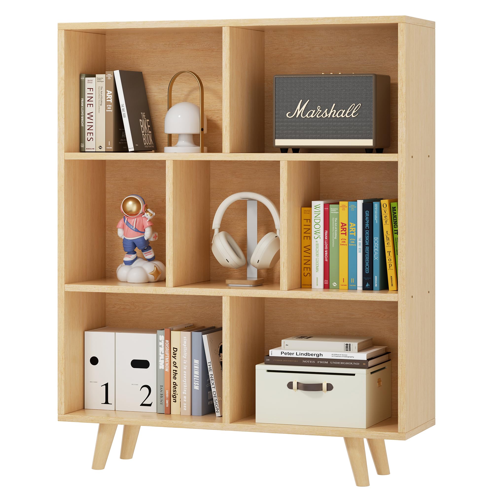 7 Cube Bookshelf, 3 Tier Mid-Century Modern Bookcase with Legs