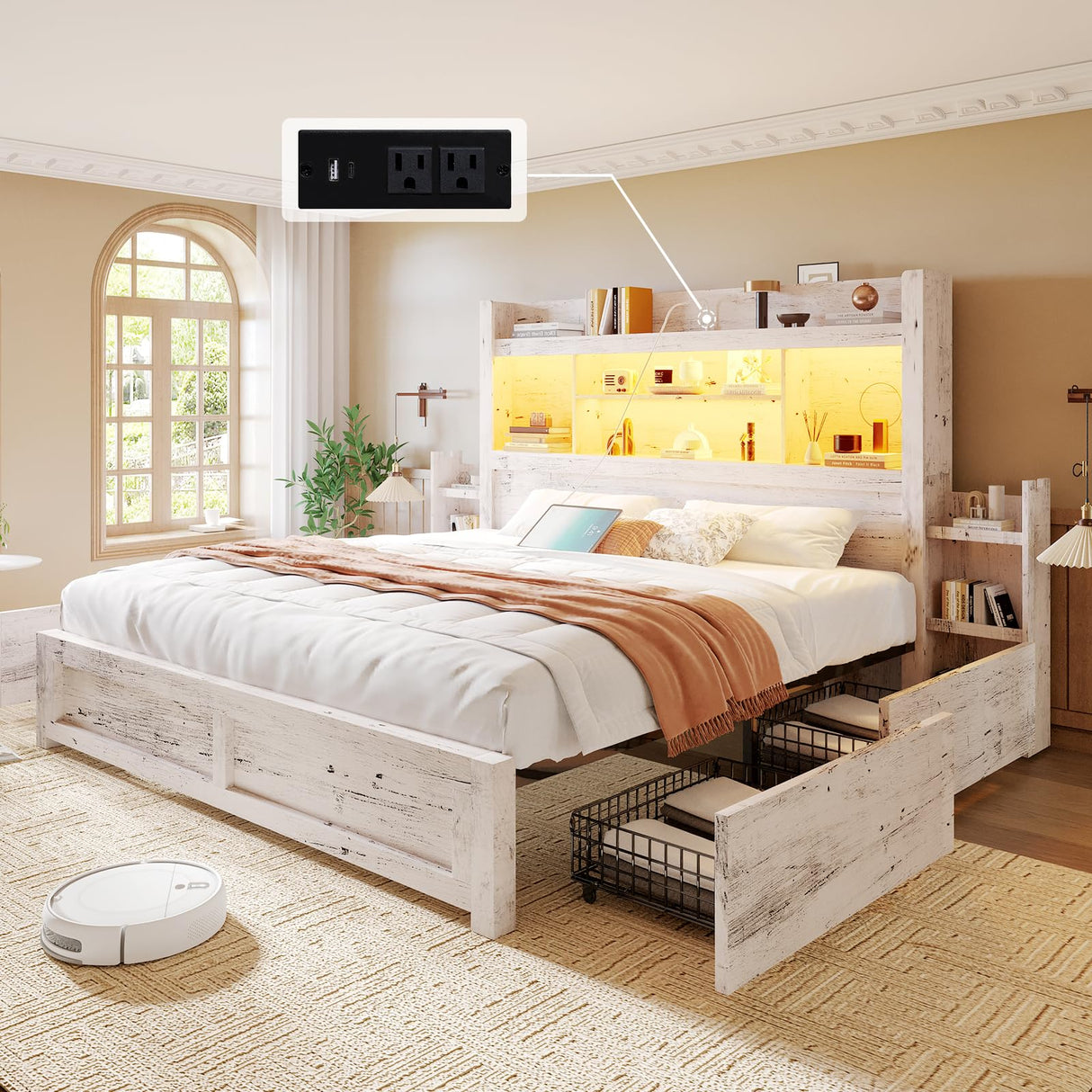 King Bed Frame with 49.6" Bookcase Headboard & 2 Detachable Bedside Stoage Racks