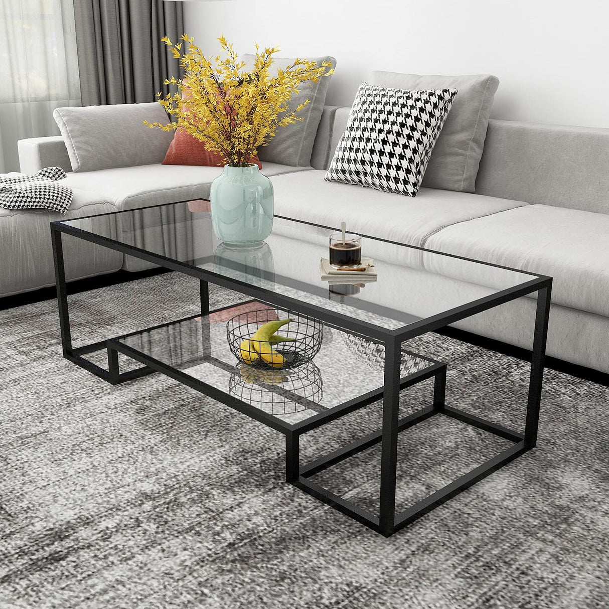 Metal Glass Coffee Table, Black Accent Modern Tempered Glass Side Table