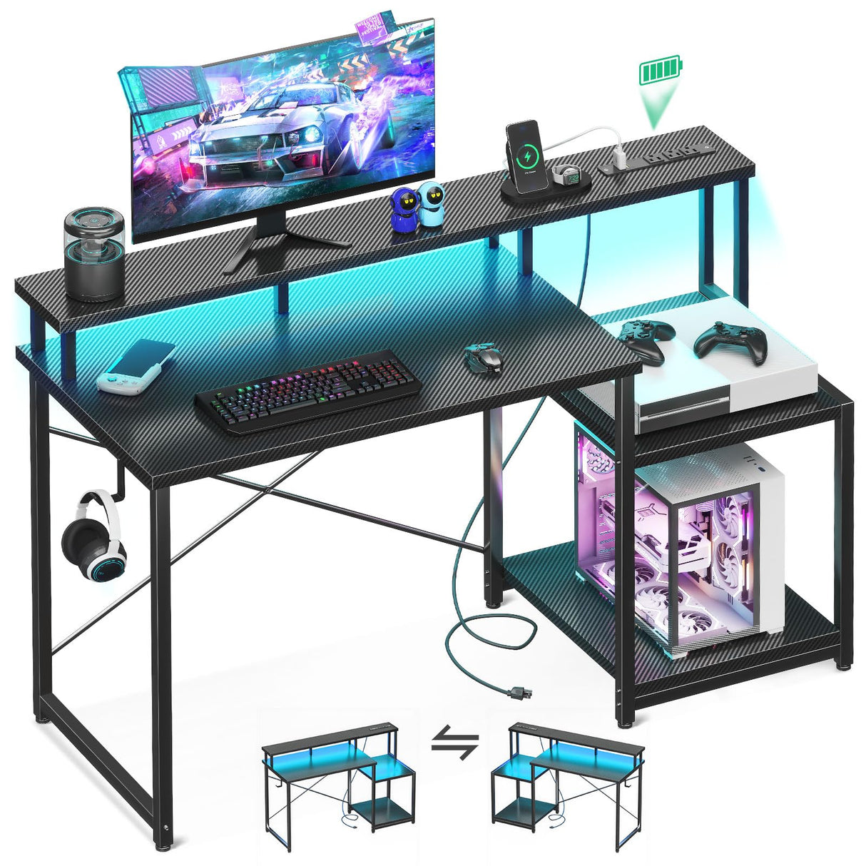 Computer Desk, 48 Inch Gaming Desk with Led Lights & Power Outlet, Office Desk