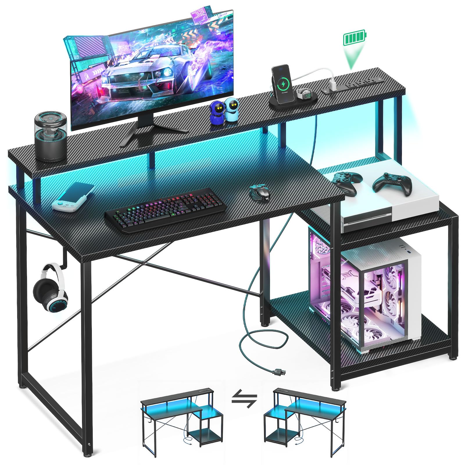 Computer Desk, 48 Inch Gaming Desk with Led Lights & Power Outlet, Office Desk