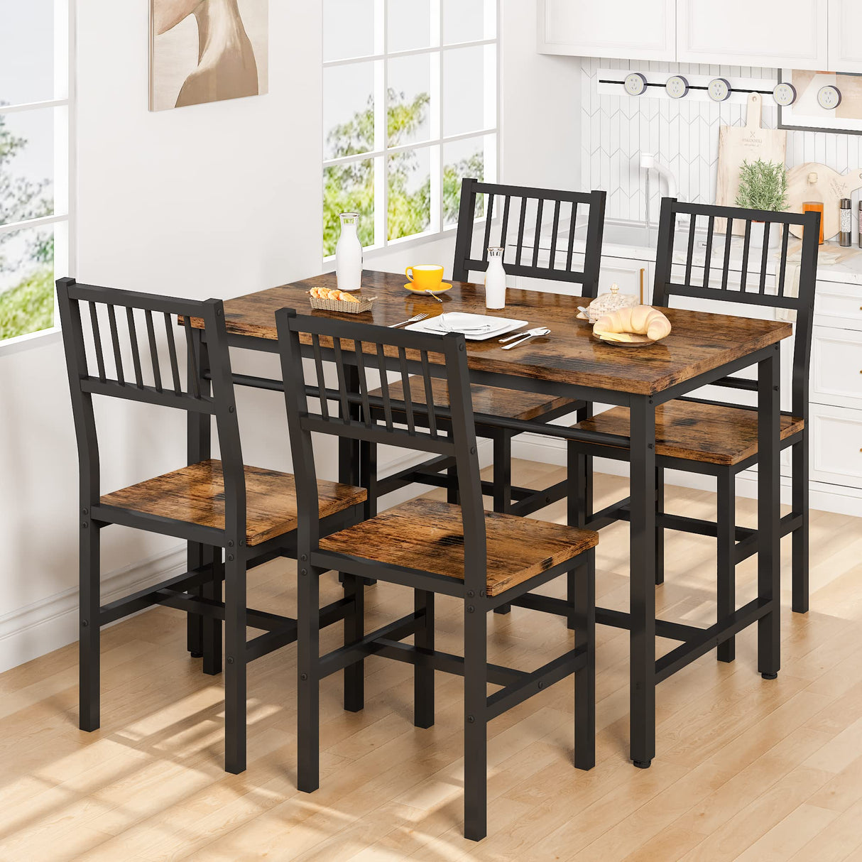 47.2 Inch Dining Table Set for 4,Industrial Table with 4 Curved Chairs Set