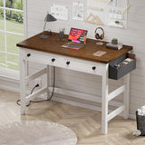 Small Computer Desk with 2 Wood Drawers & a Side Pocket, Small Desk for Bedroom with Power Outlets, Farmhouse Home Office Desks, 31.5" Writing Desk, Study Desk, Brown+White