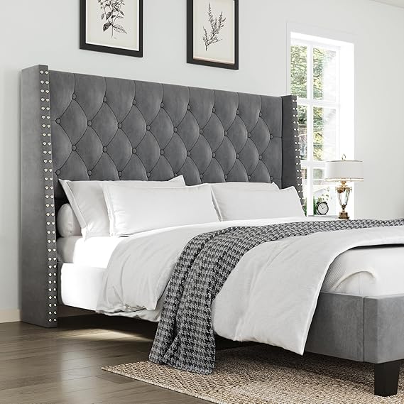 Grey Queen Upholstered Platform Bed Frame with Tall Tufted Headboard