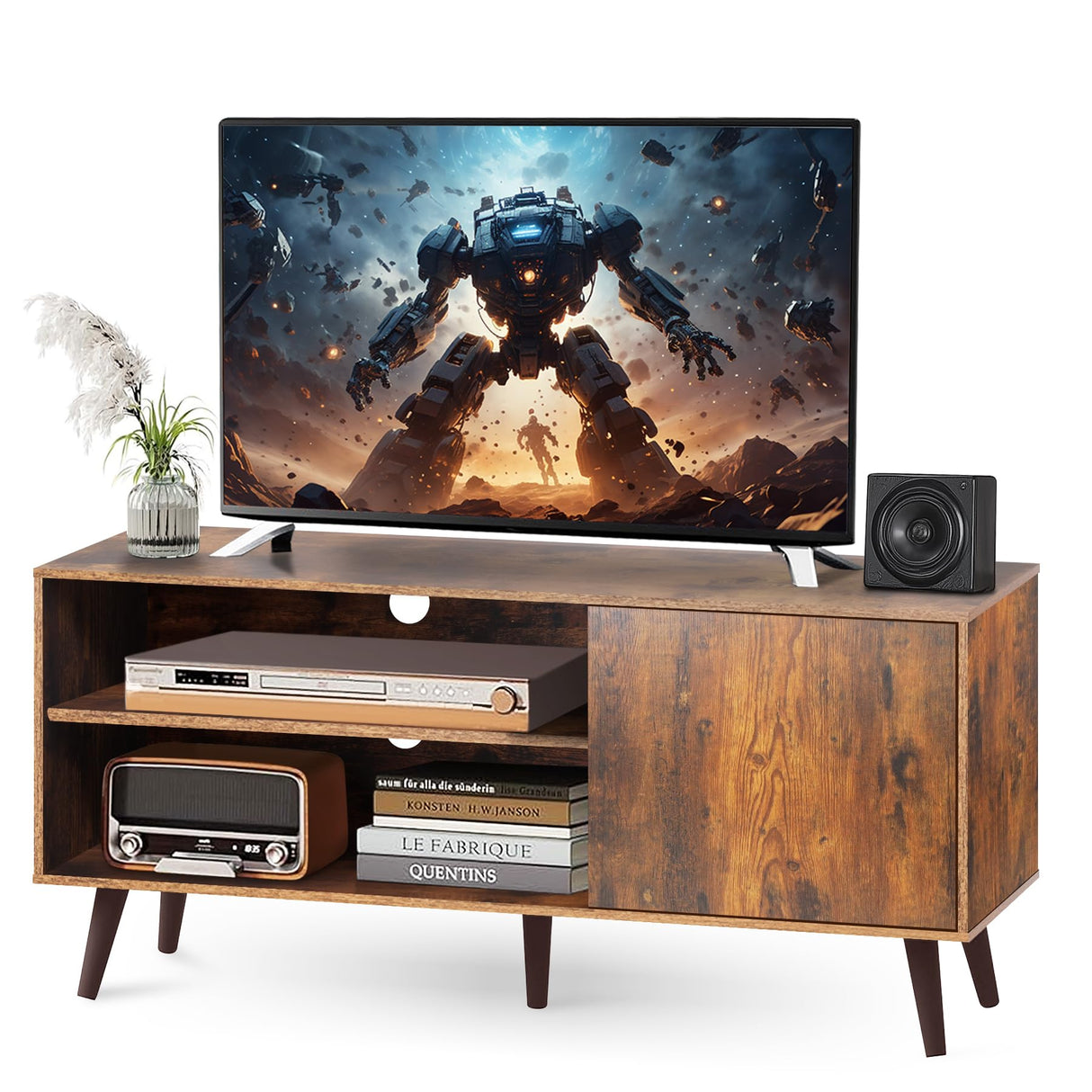 55 Inch TV, Retro Brown Wood Television Stand 1 Cabinet Modern Entertainment Center