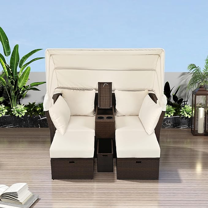 Merax Patio Outdoor Loveseat Sofa Double Daybed Set, 2-Seater with Foldable Awning+Cushions+4 Pillows, for Garden, Balcony, Poolside, Grey