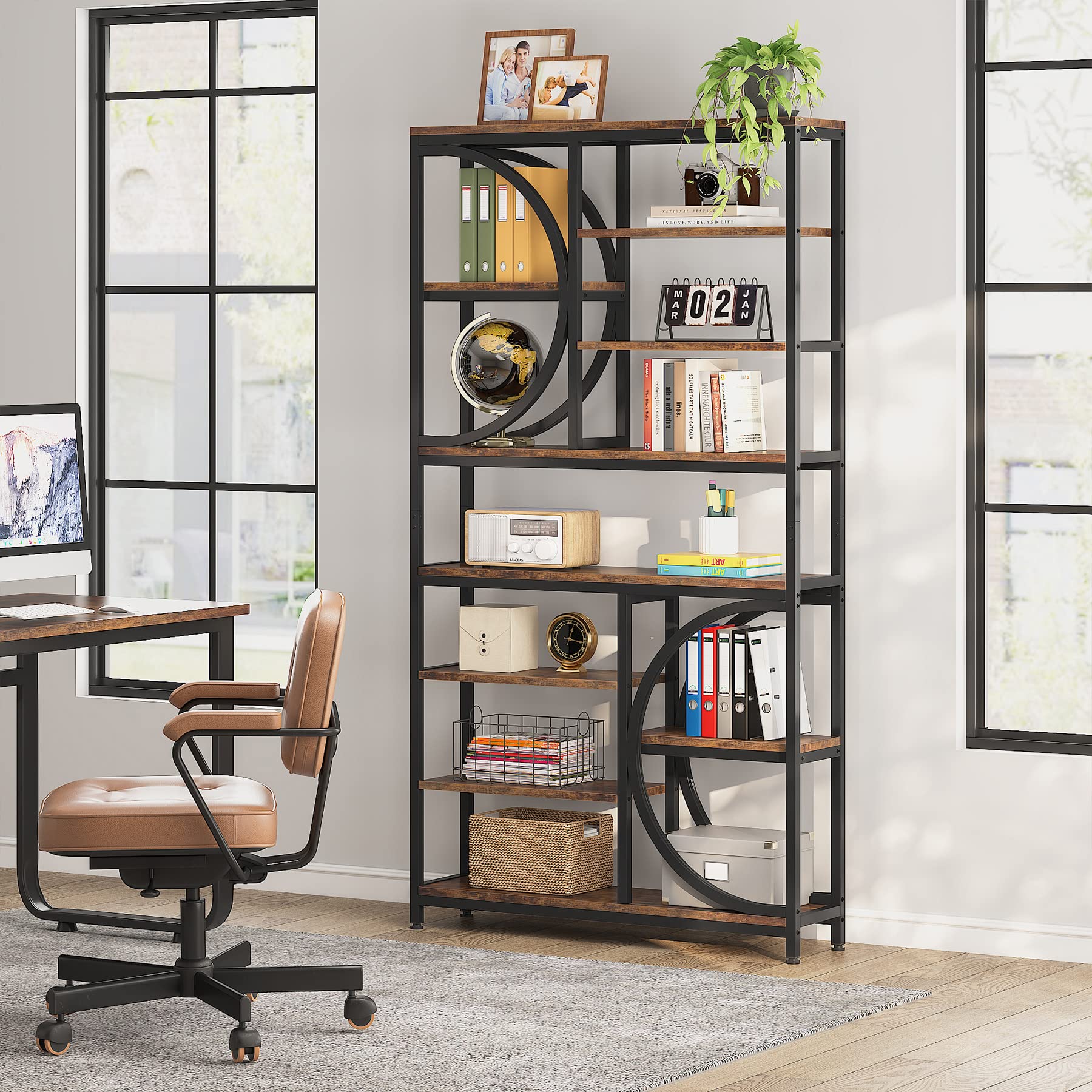 Bookshelf, Industrial 8-Tier Etagere Bookcases, 77-Inch Tall Book Shelf Open Display Shelves, Wood Look Accent Shelving Unit with Metal Frame for Home Office (1, Brown/Black)