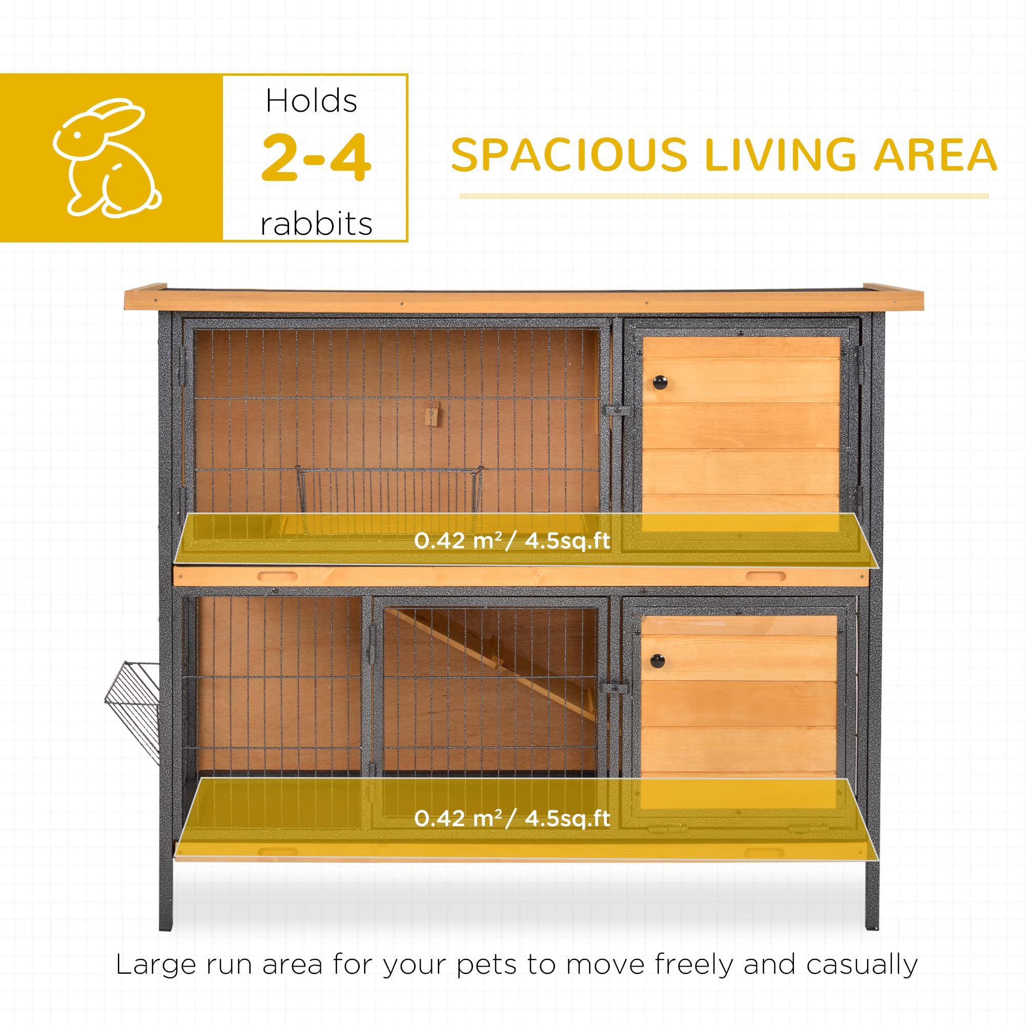 48" 2-Story Large Rabbit Hutch Bunny Cage Wooden Pet House Metal Frame