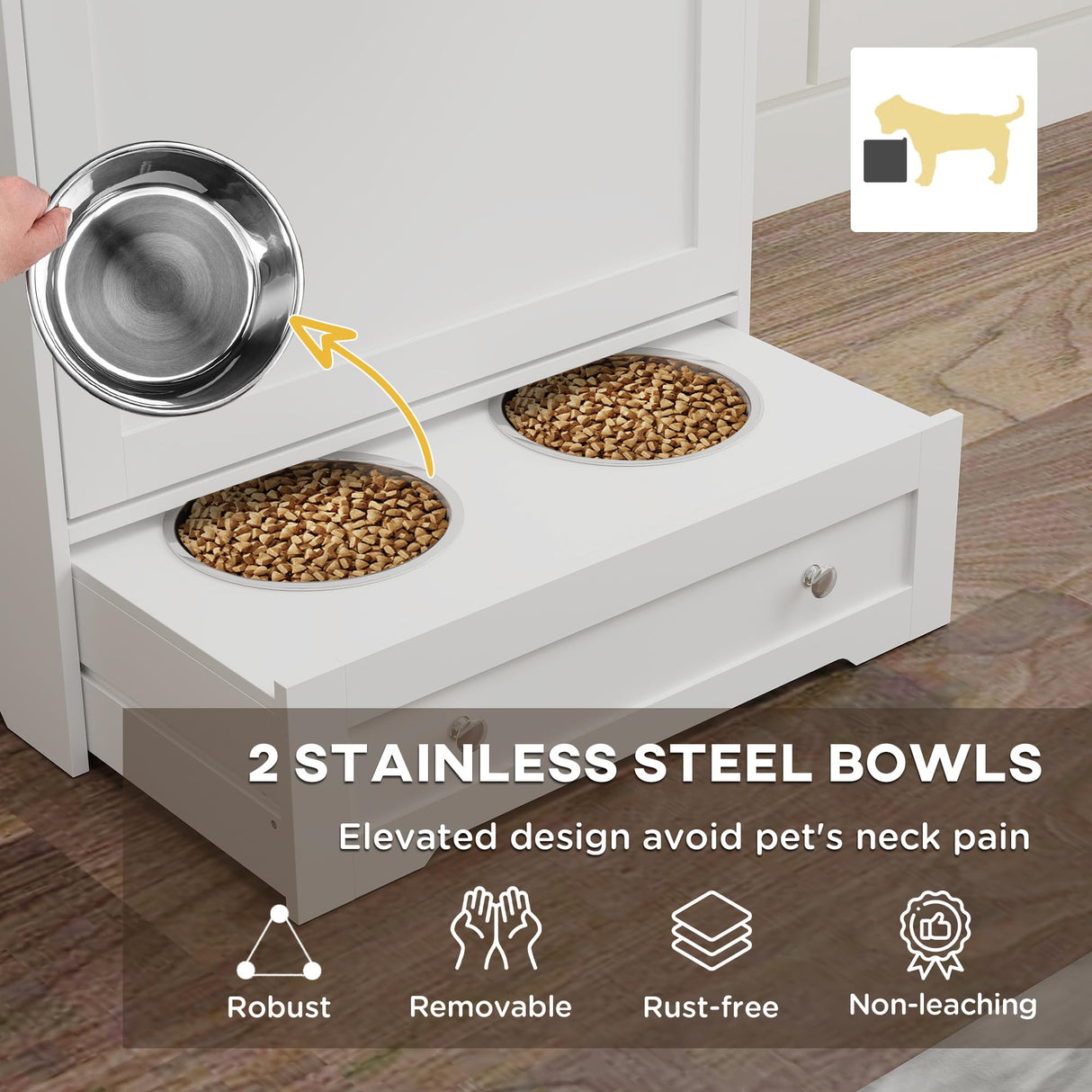 Elevated Dog Feeding Station with Storage Cabinets & Bowls